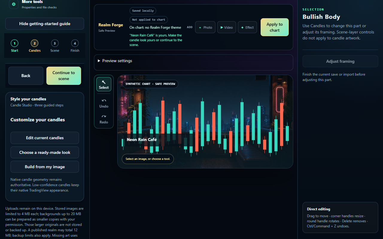 Realm Forge editor displaying a Neon Rain Café scene and custom candles in its synthetic Safe Preview
